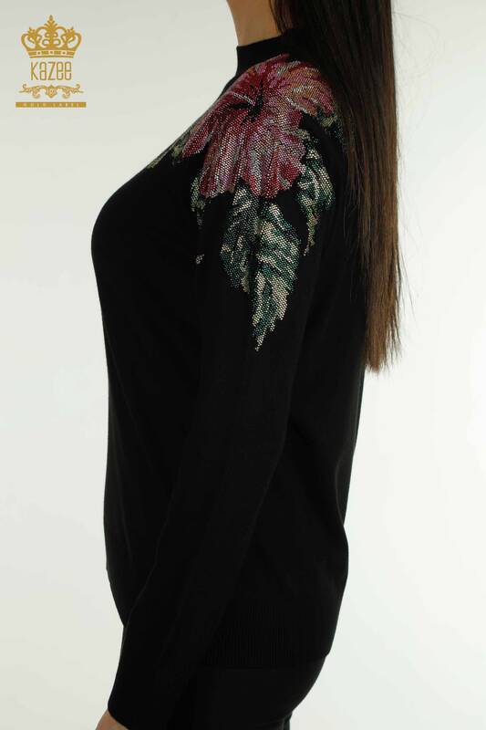 Tricots pour femmes en gros pull épaule fleur détaillée noir - 30542 | KAZEE