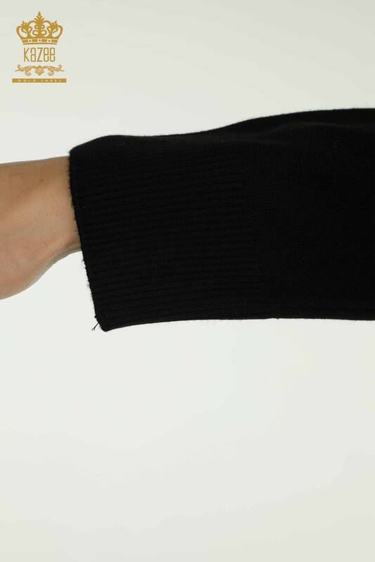 Tricots pour femmes en gros pull épaule fleur détaillée noir - 30542 | KAZEE