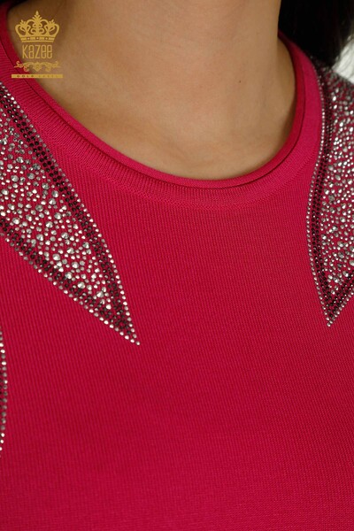 Tricots pour femmes en gros pull épaule pierre brodée fuchsia - 30792 | KAZEE - Thumbnail