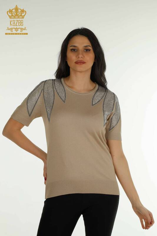 Gros femmes tricots pull épaule pierre brodé vison - 30792 | KAZEE