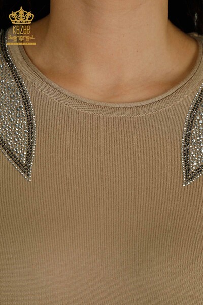 Gros femmes tricots pull épaule pierre brodé vison - 30792 | KAZEE - Thumbnail