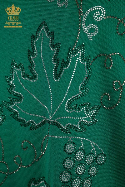Pull en tricot pour femmes en gros vert avec broderie de feuilles - 30654 | KAZEE - Thumbnail