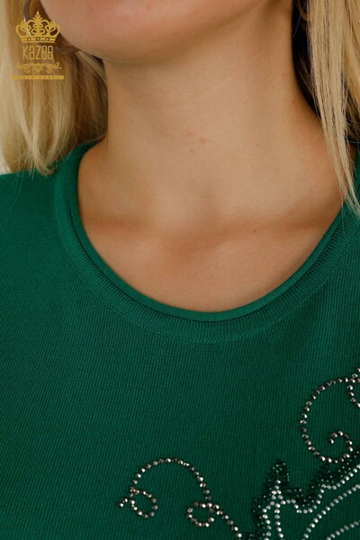 Pull en tricot pour femmes en gros vert avec broderie de feuilles - 30654 | KAZEE - Thumbnail