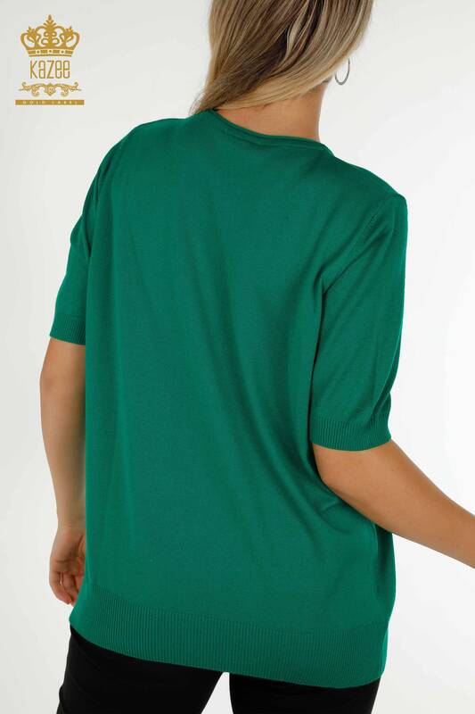 Pull en tricot pour femmes en gros vert avec broderie de feuilles - 30654 | KAZEE