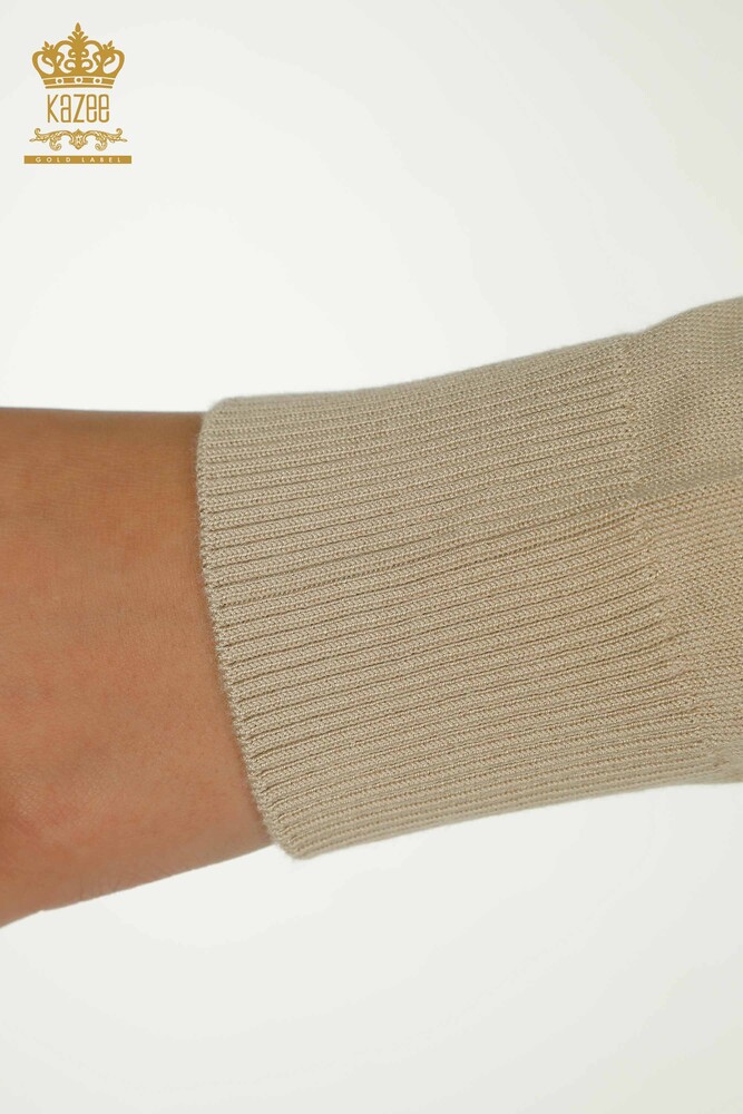 Vente en gros de tricots pour femmes pull fleur brodée beige - 30612 | KAZEE - 6