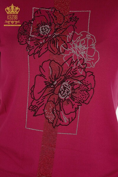 Pull en tricot pour femmes en gros Floral brodé Fuchsia - 30614 | KAZEE - Thumbnail