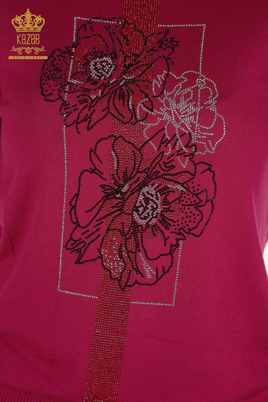 Pull en tricot pour femmes en gros Floral brodé Fuchsia - 30614 | KAZEE