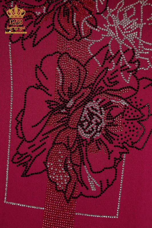 Pull en tricot pour femmes en gros Floral brodé Fuchsia - 30614 | KAZEE