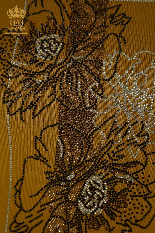 Pull en tricot pour femmes en gros moutarde brodée florale - 30614 | KAZEE