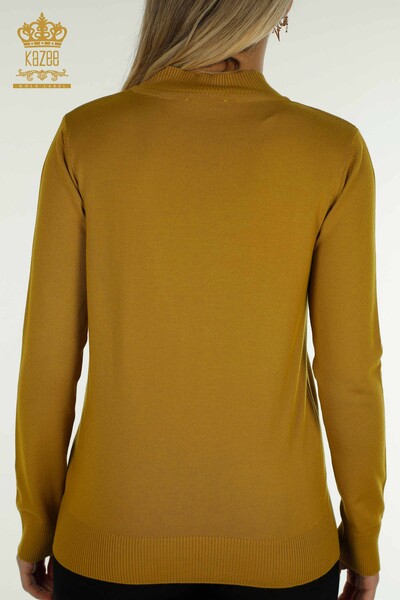 Pull en tricot pour femmes en gros moutarde brodée florale - 30614 | KAZEE - Thumbnail