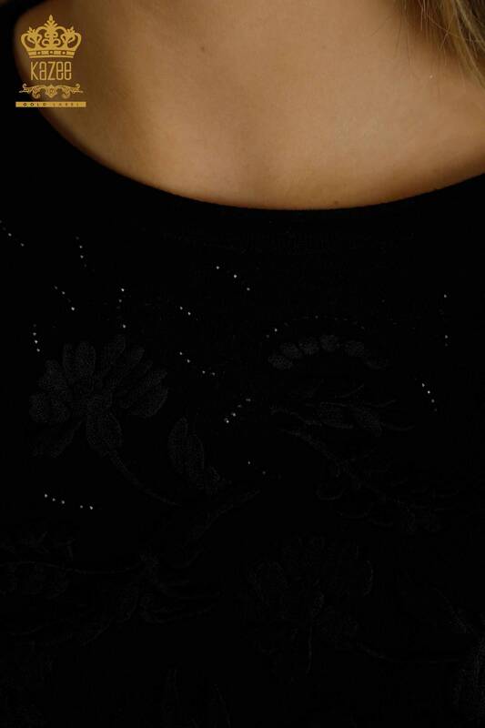 Pull en tricot pour femmes en gros Floral brodé noir - 16849 | KAZEE