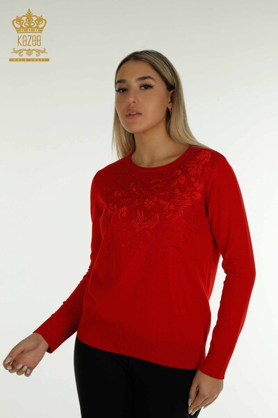 Pull en tricot pour femmes en gros rouge avec broderie de fleurs - 16849 | KAZEE - Thumbnail