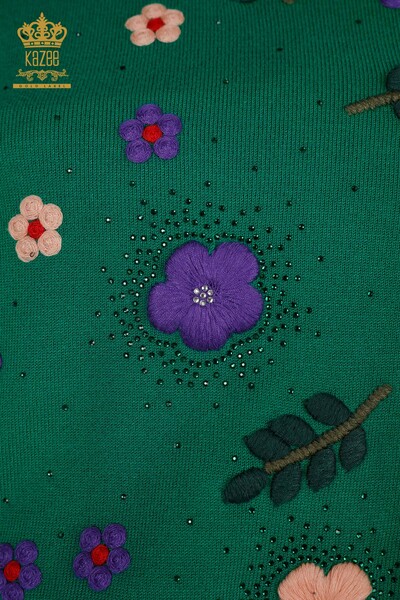 Pull en tricot pour femmes en gros vert avec broderie florale - 30632 | KAZEE - Thumbnail