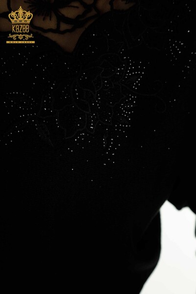Pull en tricot pour femmes en gros fleur brodée noir - 30228 | KAZEE - Thumbnail