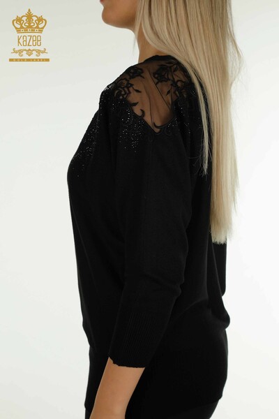 Pull en tricot pour femmes en gros fleur brodée noir - 30228 | KAZEE - Thumbnail