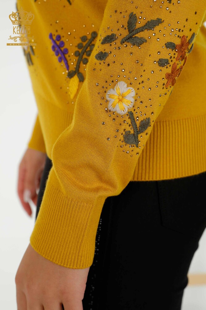Tricots pour femmes en gros pull fleur colorée brodé safran - 16445 | KAZEE - 5