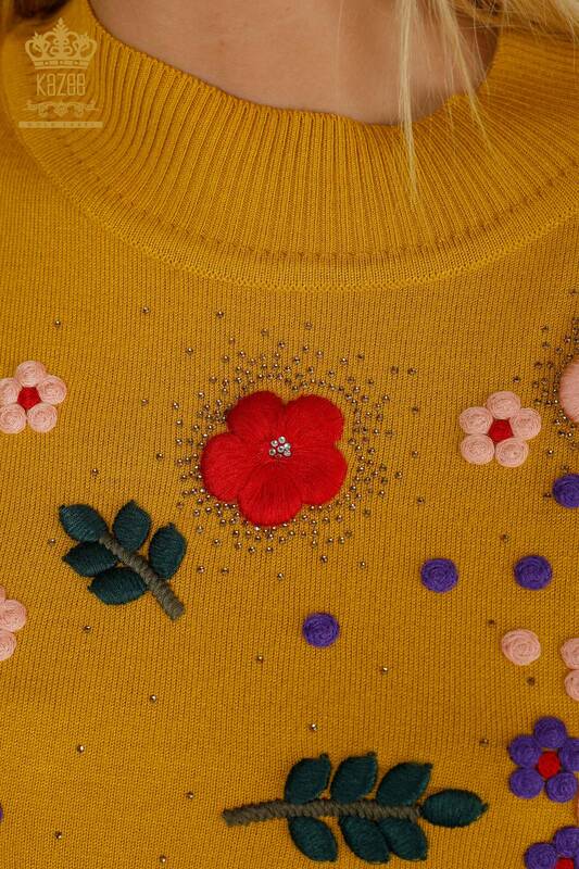 Tricots pour femmes en gros pull fleur broderie safran - 16760 | KAZEE