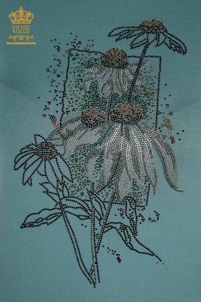 Pull en tricot pour femmes en gros Floral brodé menthe - 30612 | KAZEE - Thumbnail