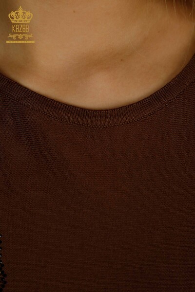 Vente en gros de tricots pour femmes pull léopard pierre brodée marron - 30633 | KAZEE - Thumbnail