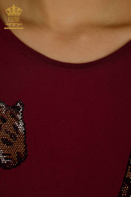Pull en tricot pour femmes en gros Pierre Léopard Brodé Lilas - 30633 | KAZEE