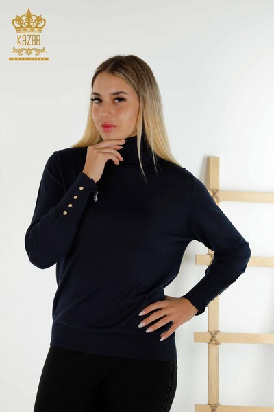 Pull en tricot pour femmes en gros avec détail de bouton sur les manches bleu marine - 30506 | KAZEE - 1