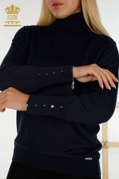 Pull en tricot pour femmes en gros avec détail de bouton sur les manches bleu marine - 30506 | KAZEE - Thumbnail