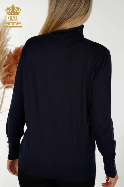 Pull en tricot pour femmes en gros avec détail de bouton sur les manches bleu marine - 30506 | KAZEE - Thumbnail