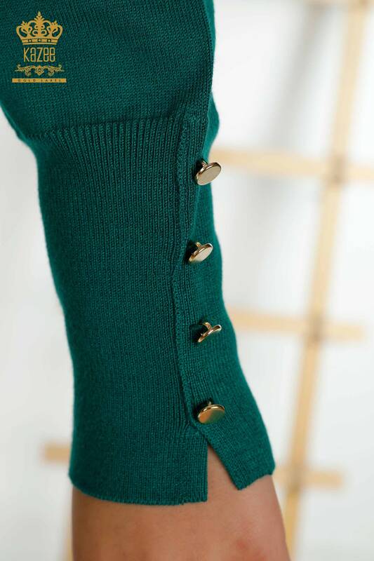 Pull en tricot pour femmes en gros avec détail de bouton sur la manche Vert - 30506 | KAZEE