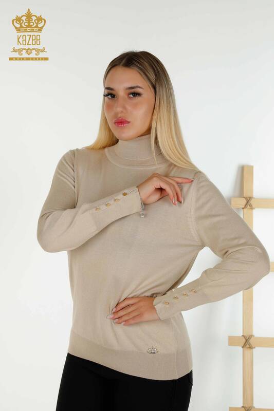 Pull en tricot pour femmes en gros avec détail de bouton de manchette Beige clair - 30506 | KAZEE