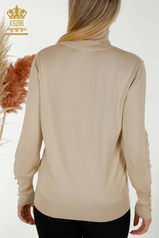 Pull en tricot pour femmes en gros avec détail de bouton de manchette Beige clair - 30506 | KAZEE