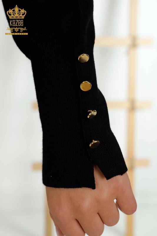 Pull en tricot pour femmes en gros avec détail de bouton de manchette, Noir - 30506 | KAZEE
