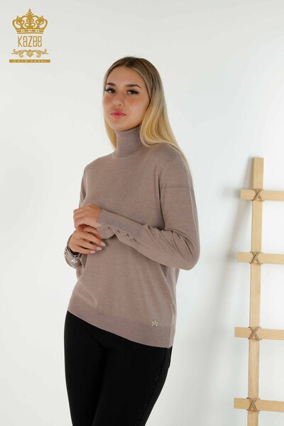 Pull en tricot pour femmes en gros avec bouton de manchette détail vison - 30506 | KAZEE - Thumbnail