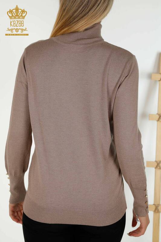 Pull en tricot pour femmes en gros avec bouton de manchette détail vison - 30506 | KAZEE