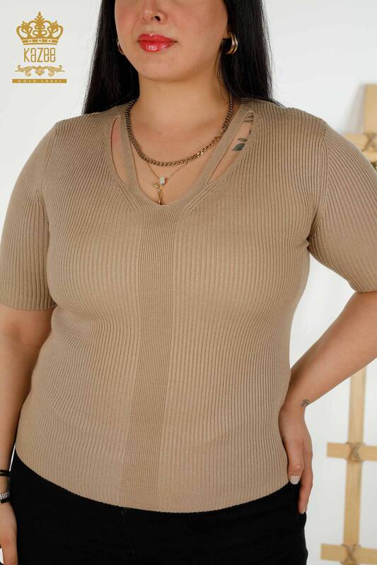 Pull en tricot à manches courtes pour femmes en gros Beige - 30397 | KAZEE