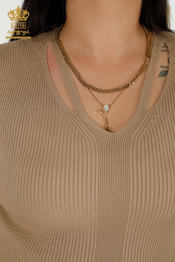 Pull en tricot à manches courtes pour femmes en gros Beige - 30397 | KAZEE - 3