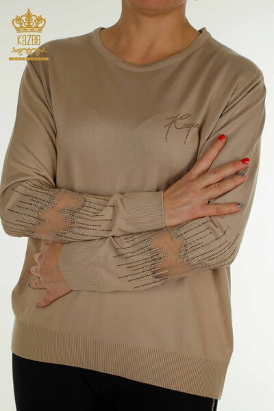 Pull en tricot pour femmes en gros avec détail de manches Beige - 30153 | KAZEE - Thumbnail