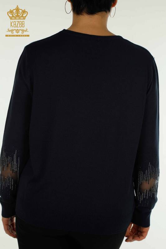 Pull en tricot pour femmes en gros avec détail des manches bleu marine - 30153 | KAZEE