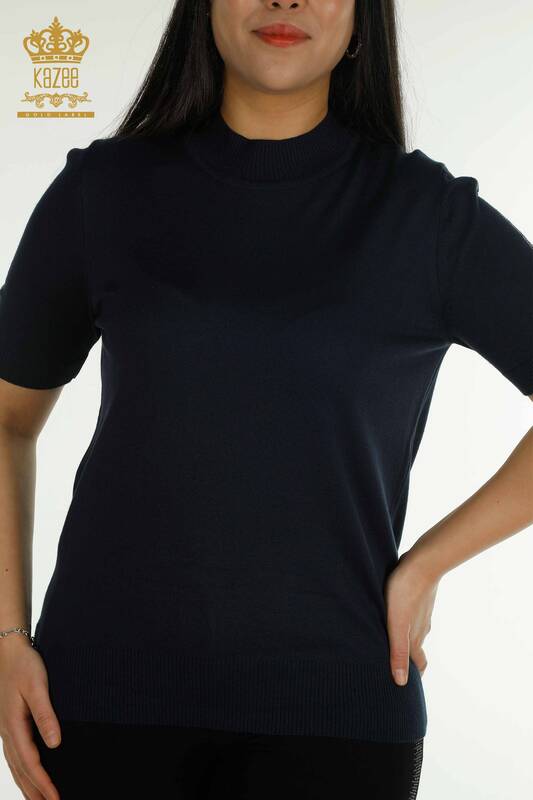 Vente en gros de tricots pour femmes à manches pull pierre brodée bleu marine - 30552 | KAZEE