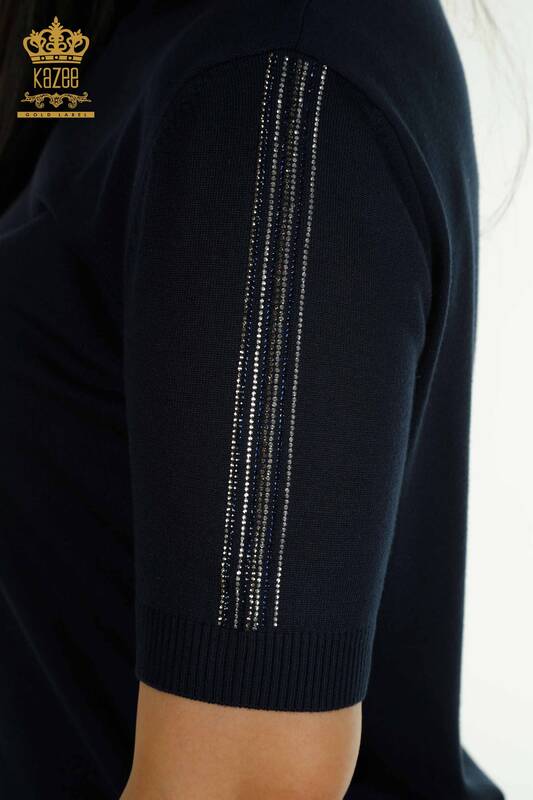 Vente en gros de tricots pour femmes à manches pull pierre brodée bleu marine - 30552 | KAZEE
