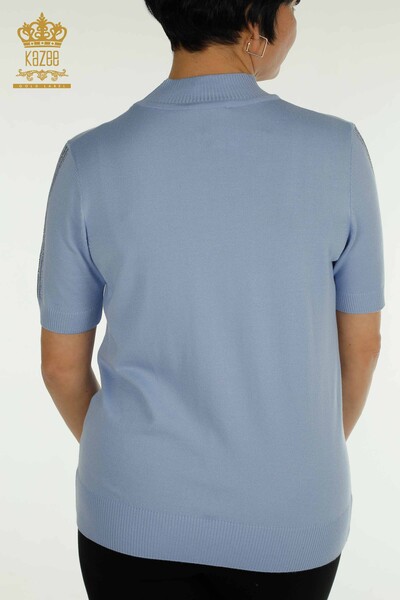 Vente en gros de tricots pour femmes à manches pull en pierre brodée bleu - 30552 | KAZEE - Thumbnail