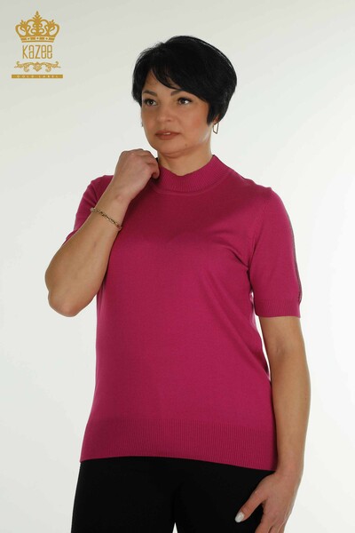 Vente en gros de tricots pour femmes à manches pull en pierre brodée Fuchsia - 30552 | KAZEE - Thumbnail