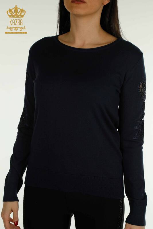 Vente en gros de tricots pour femmes à manches pull avec détail rose bleu marine - 15374 | KAZEE