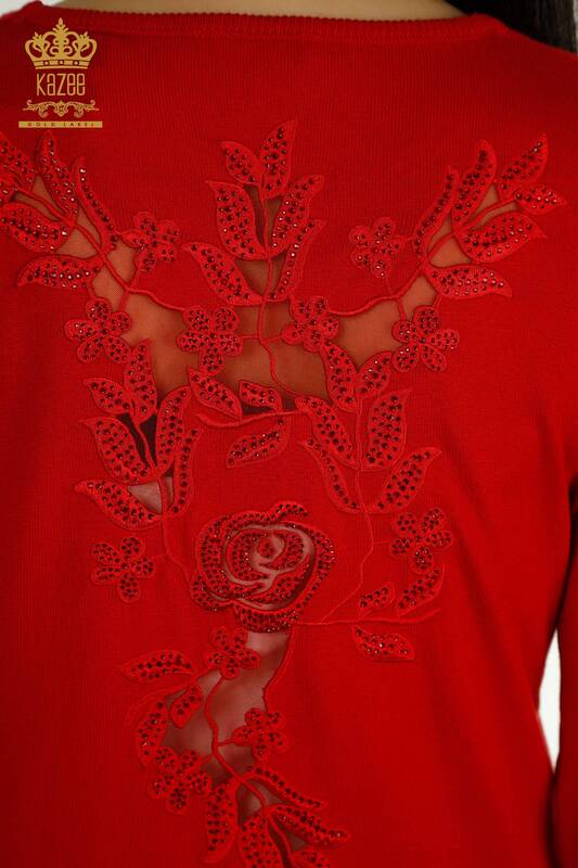 Tricots pour femmes en gros à manches pull rouge avec détail rose - 15374 | KAZÉE