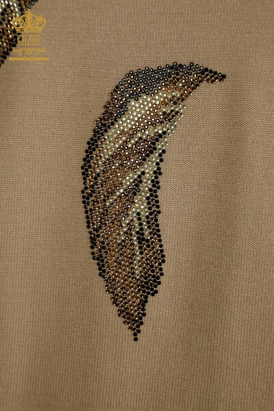 Vente en gros de tricots pour femmes pull à motifs de feuilles beige - 30477 | KAZEE - Thumbnail