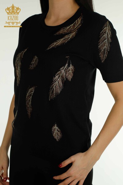 Pull en tricot pour femmes en gros à motifs de feuilles noir - 30477 | KAZEE - Thumbnail