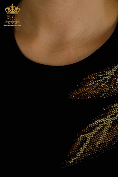 Pull en tricot pour femmes en gros à motifs de feuilles noir - 30477 | KAZEE - Thumbnail