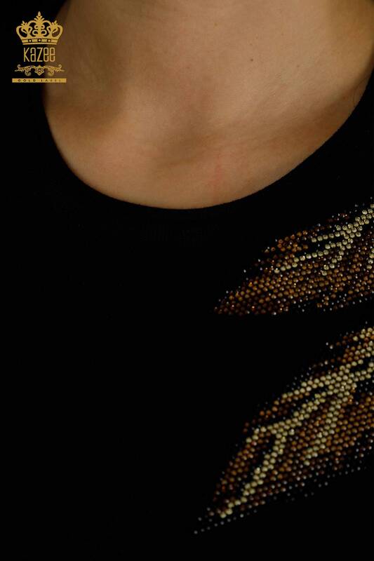 Pull en tricot pour femmes en gros à motifs de feuilles noir - 30477 | KAZEE
