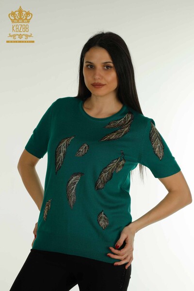 Pull en tricot pour femmes en gros vert avec motif de feuilles - 30477 | KAZEE - Thumbnail