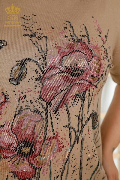 Pull en tricot pour femmes en gros motif floral beige - 30214 | KAZEE - Thumbnail