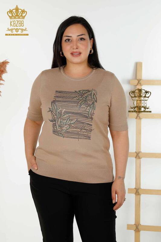Pull en tricot pour femmes en gros motif floral beige - 30493 | KAZEE